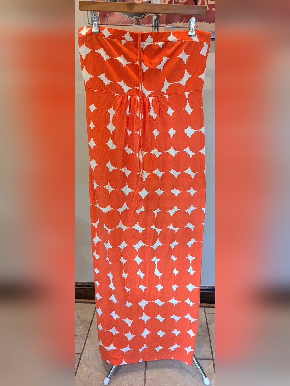 $30 Boden Size 12L/Tall Orange Trellis Jersey Strapless Maxi Dress EUC